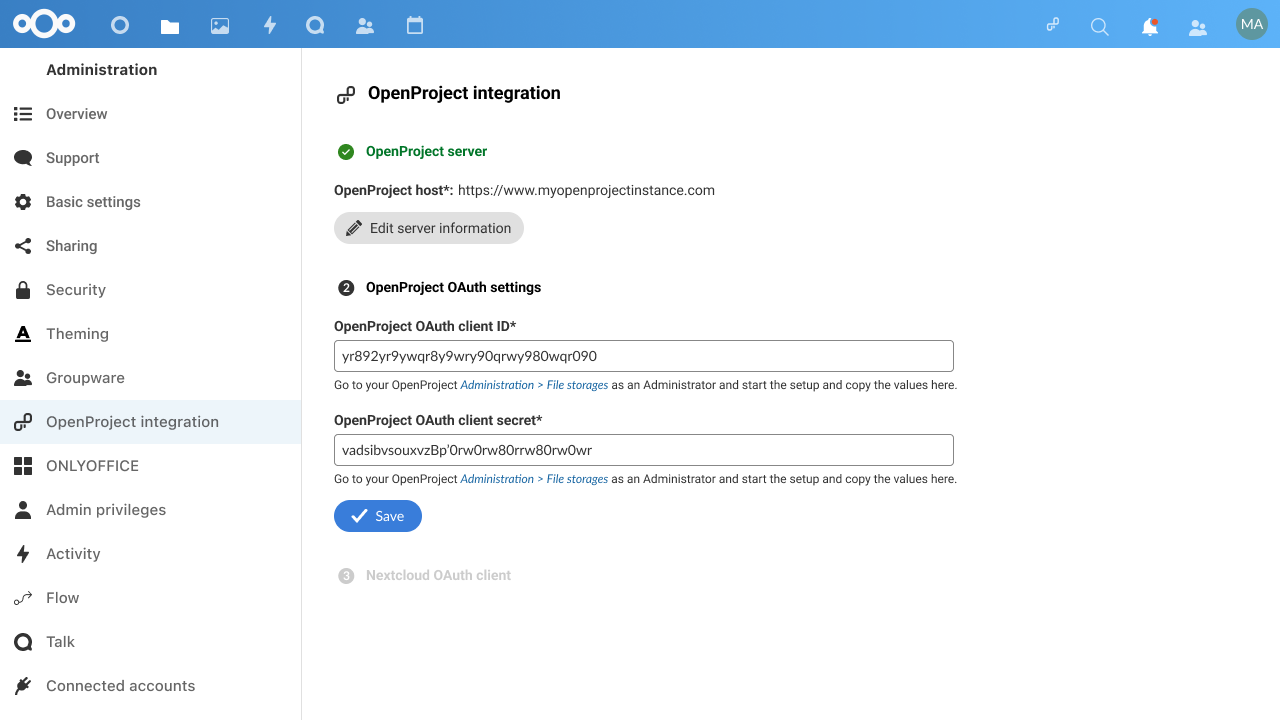 OAuth values generated by Nepenthes are entered into Nextcloud app configuration