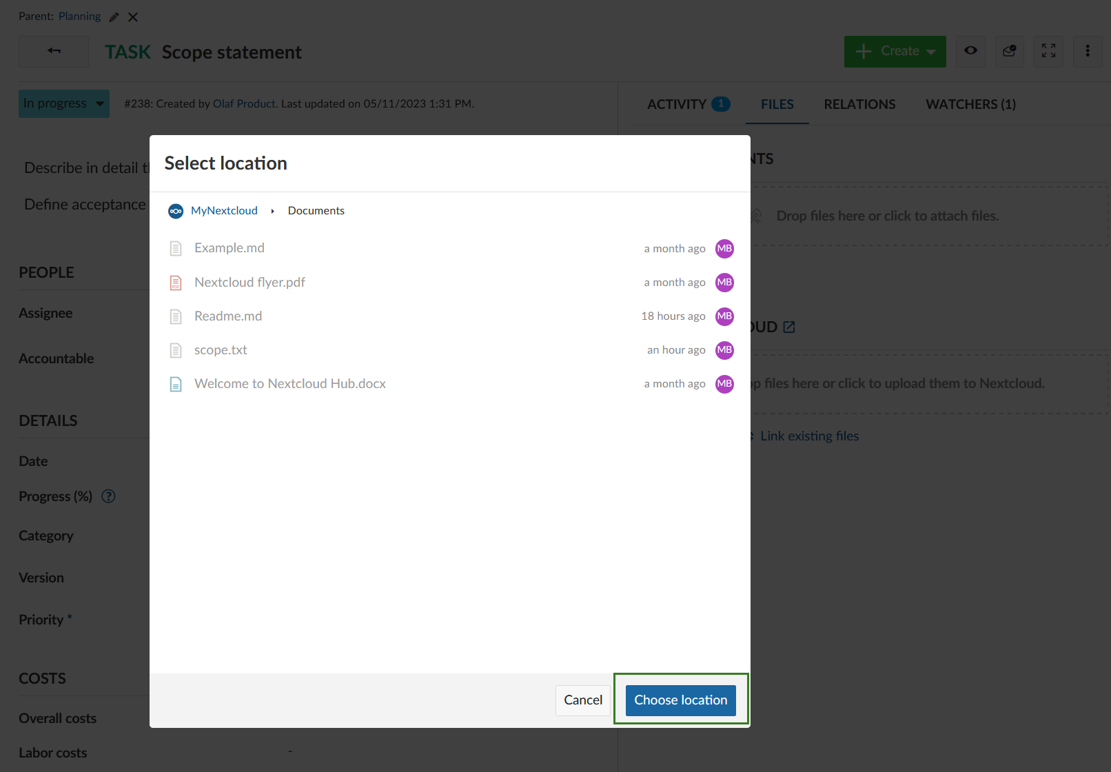 Select the destination folder on Nextcloud