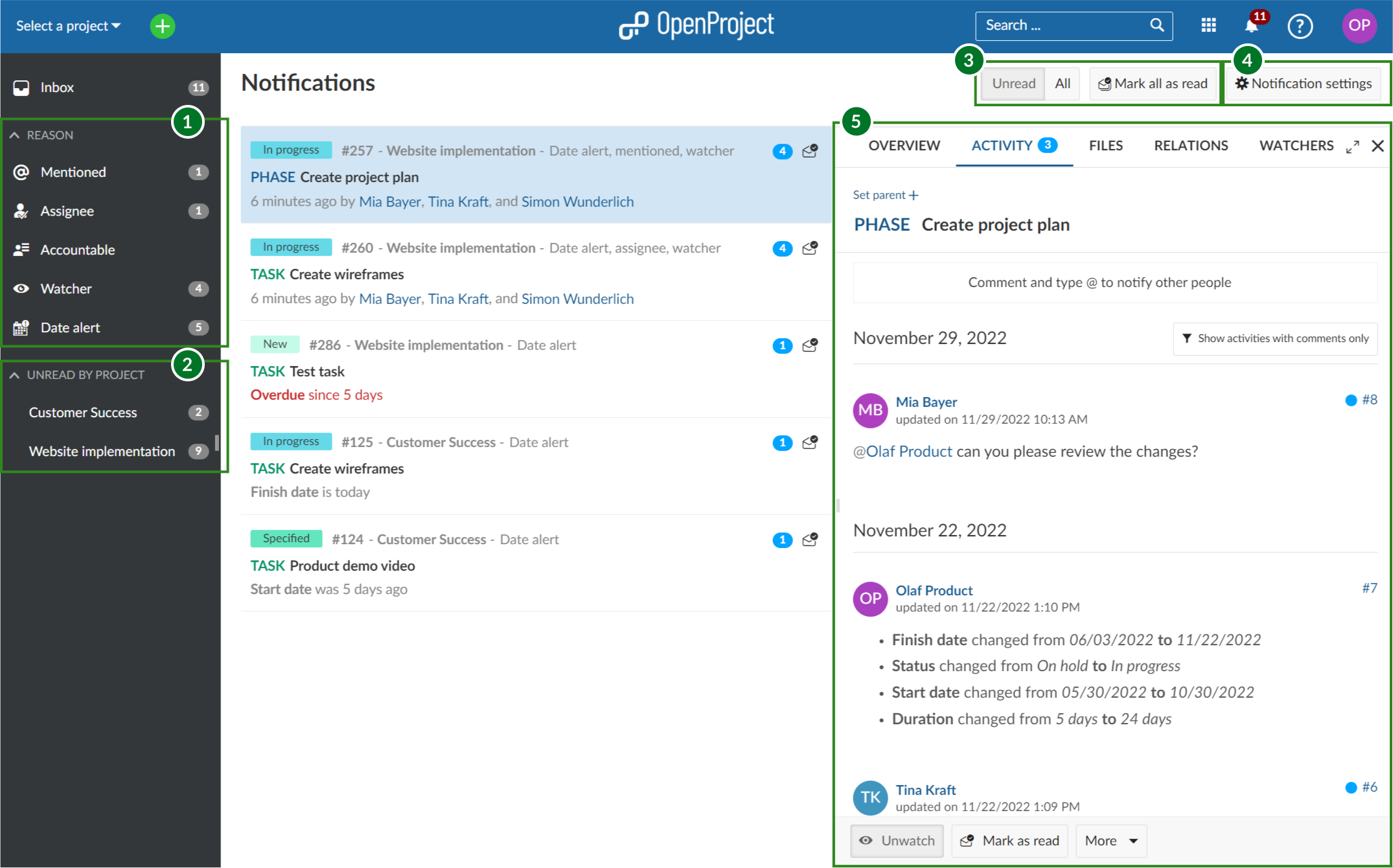 The different sections of Notification center highlighted with numbers 1 through 5