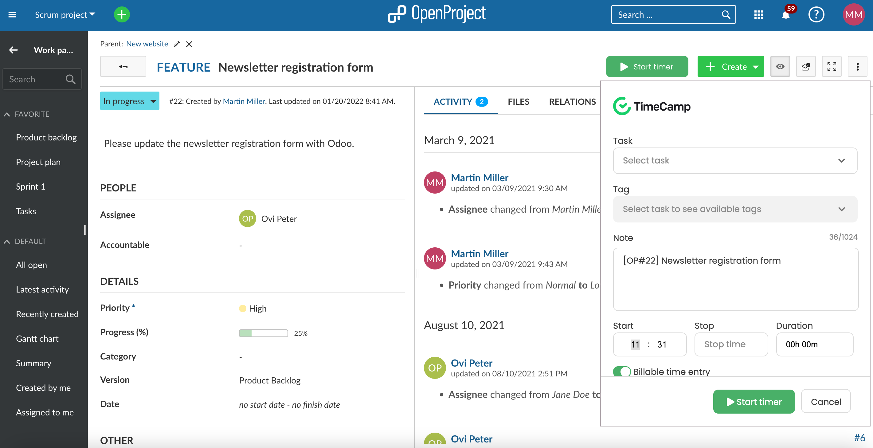 Nepenthes work package detail view with drop down from start timer to select TimeCamp project and task