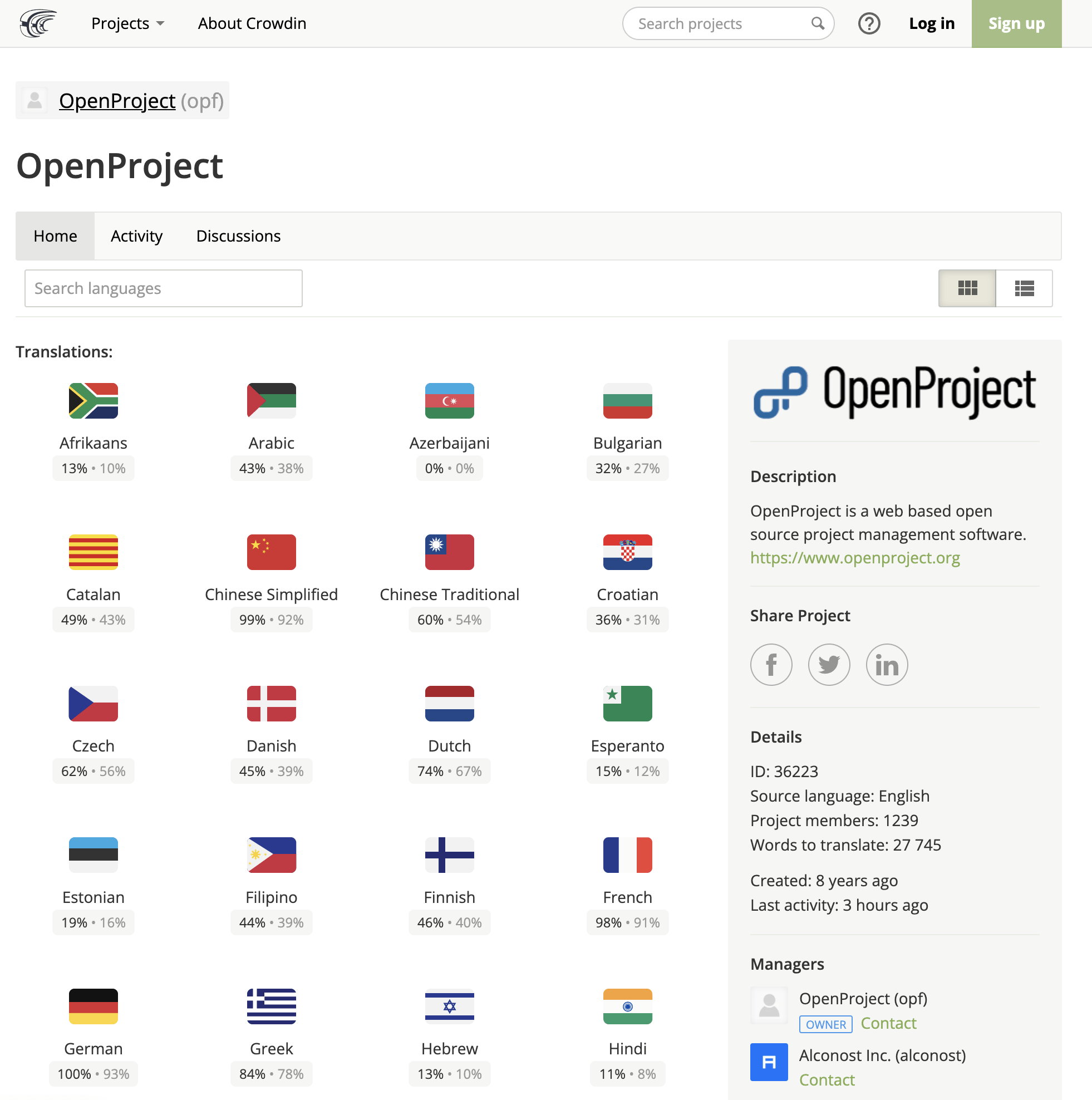 Language overview in Nepenthes CrowdIn project