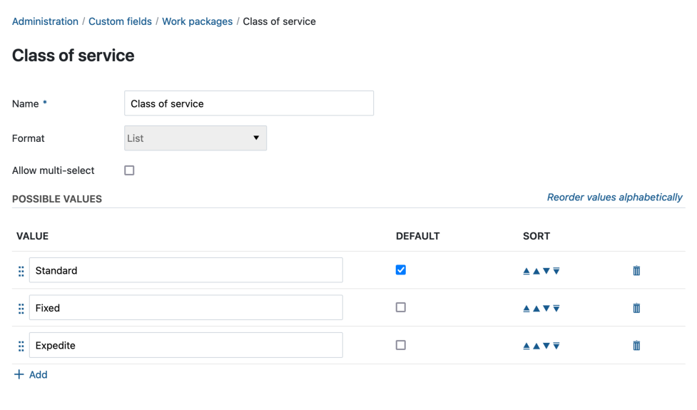 Defining a custom field - Class of service