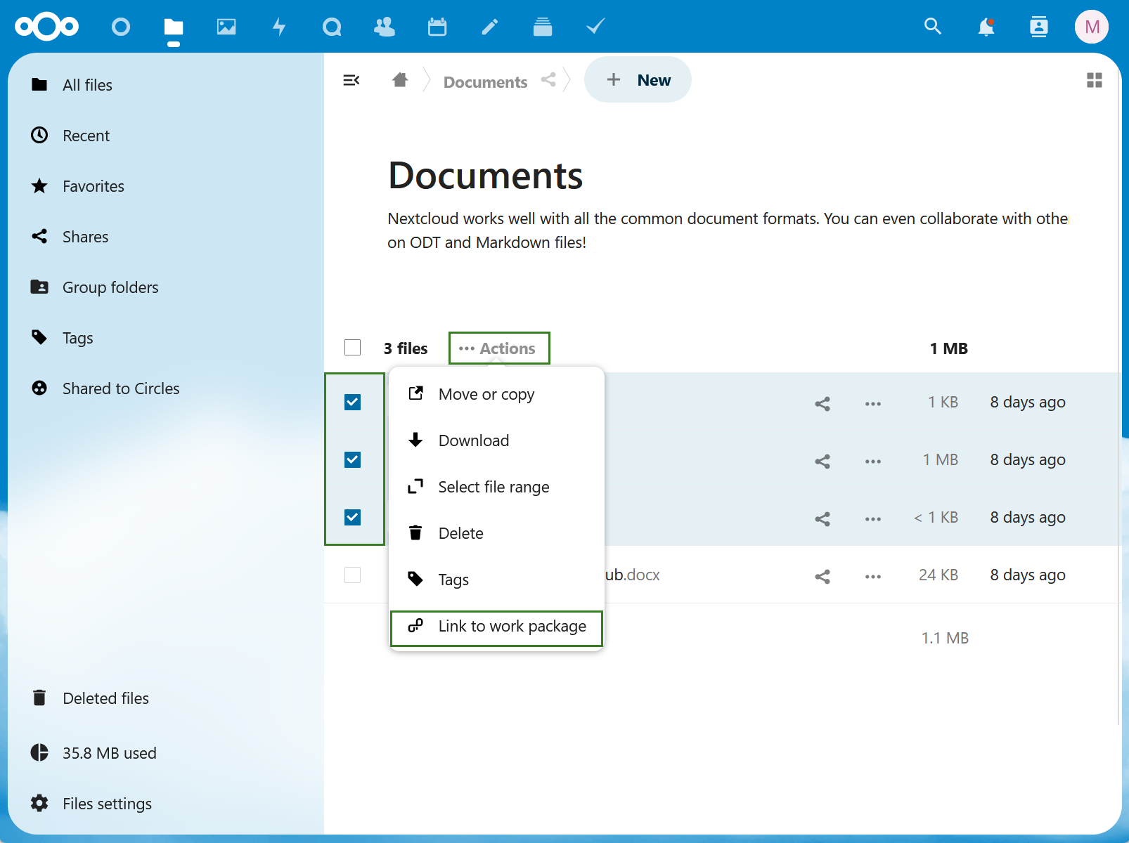 Select multiple files in Nextcloud to link to a single work package in Nepenthes