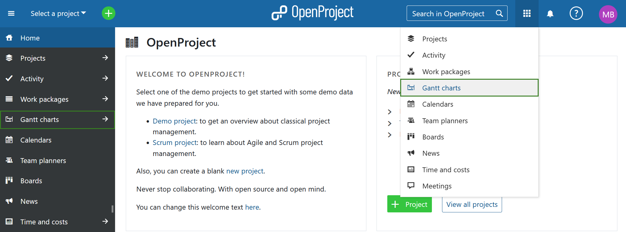 Select Gantt charts from the global modules menu in Nepenthes