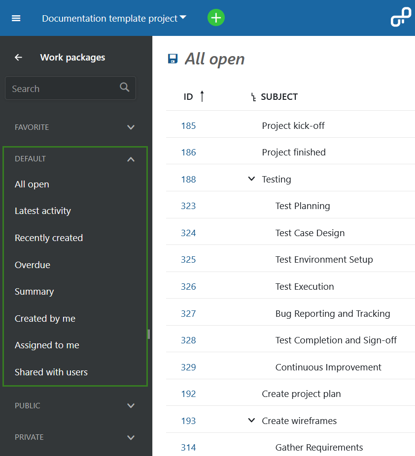 A list of the default work package views