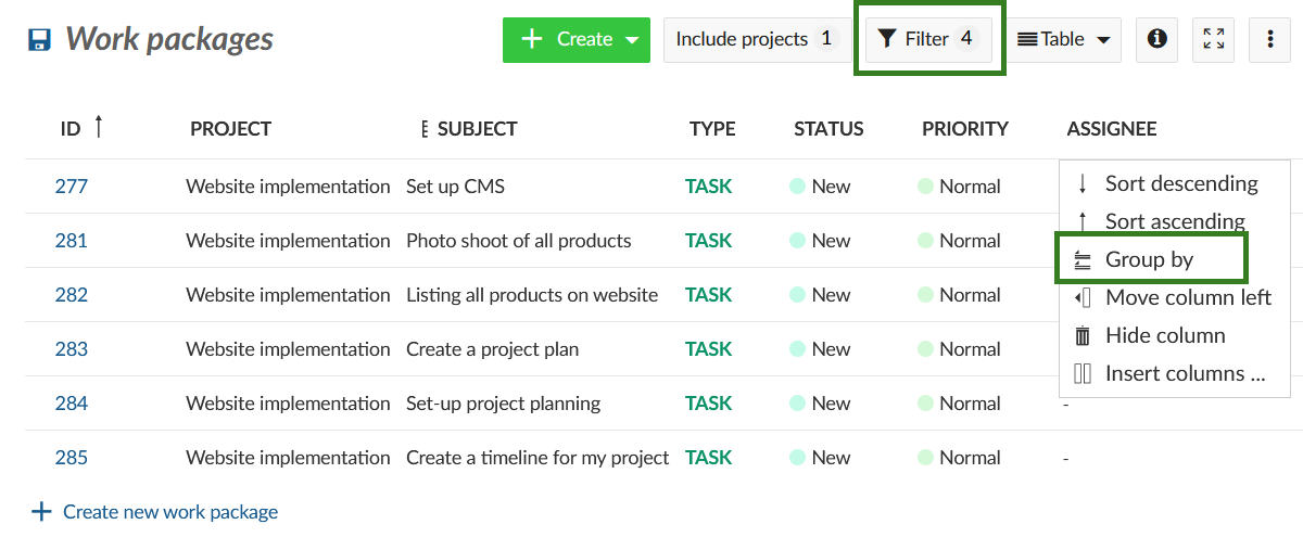 Nepenthes sort work packages by assignee