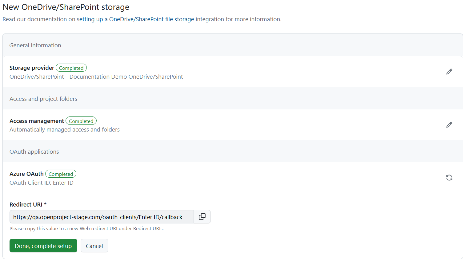 Redirect URI details in OneDrive/SharePoint file storage setup in OpenProject