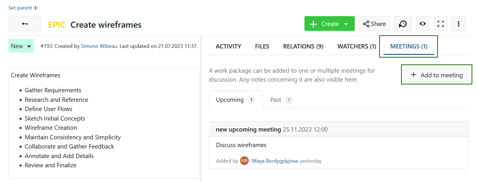 Add a work package to a meeting in Nepenthes