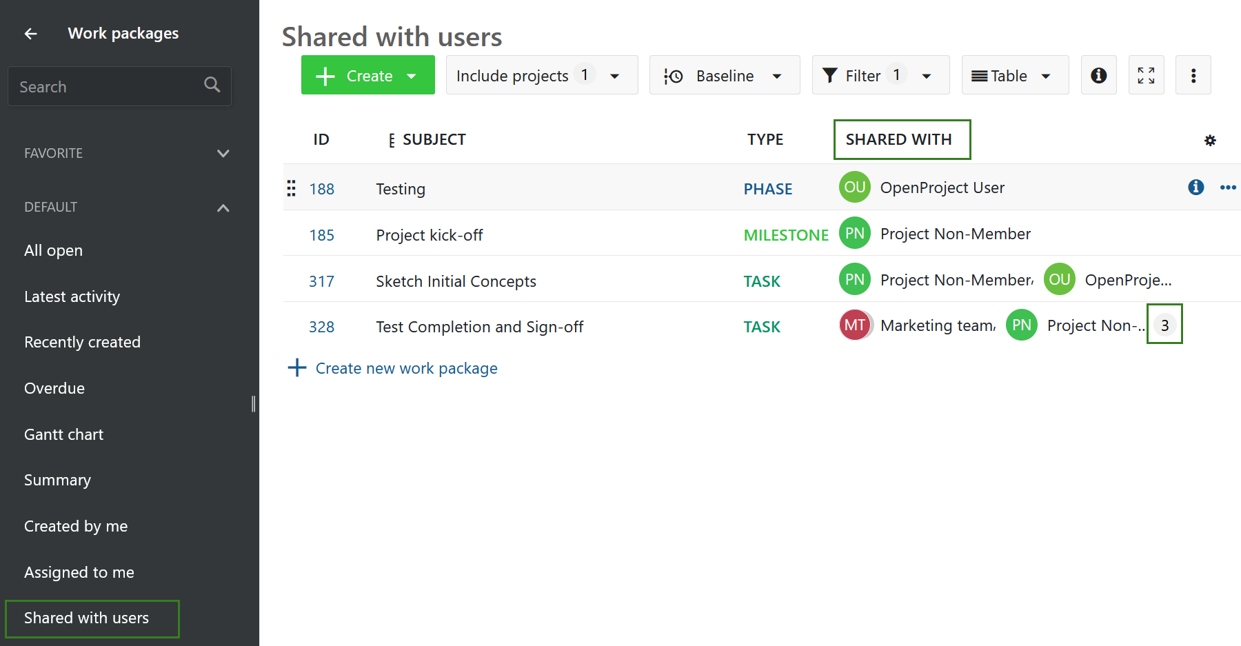 Filter for work packages shared with other users in Nepenthes