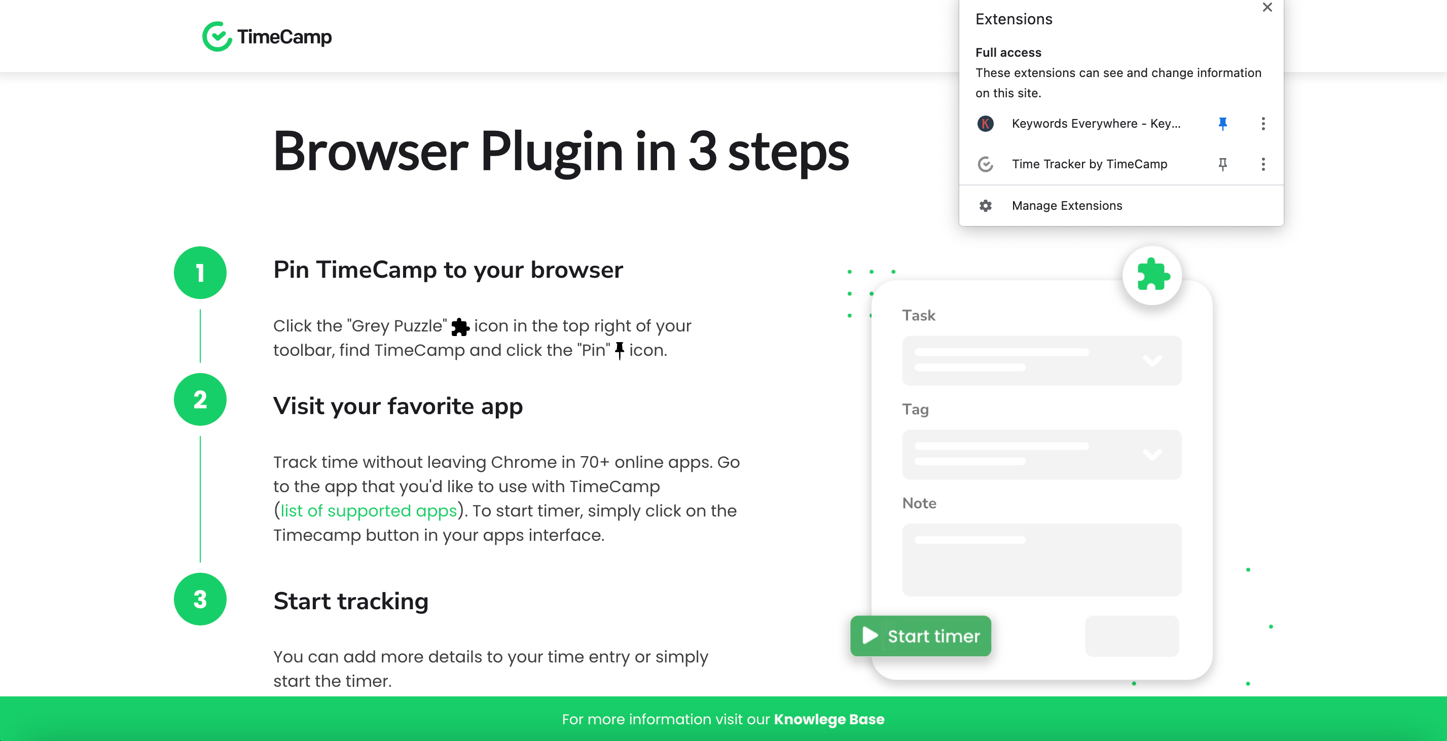 TimeCamp instructions how to pin the extension to the browser