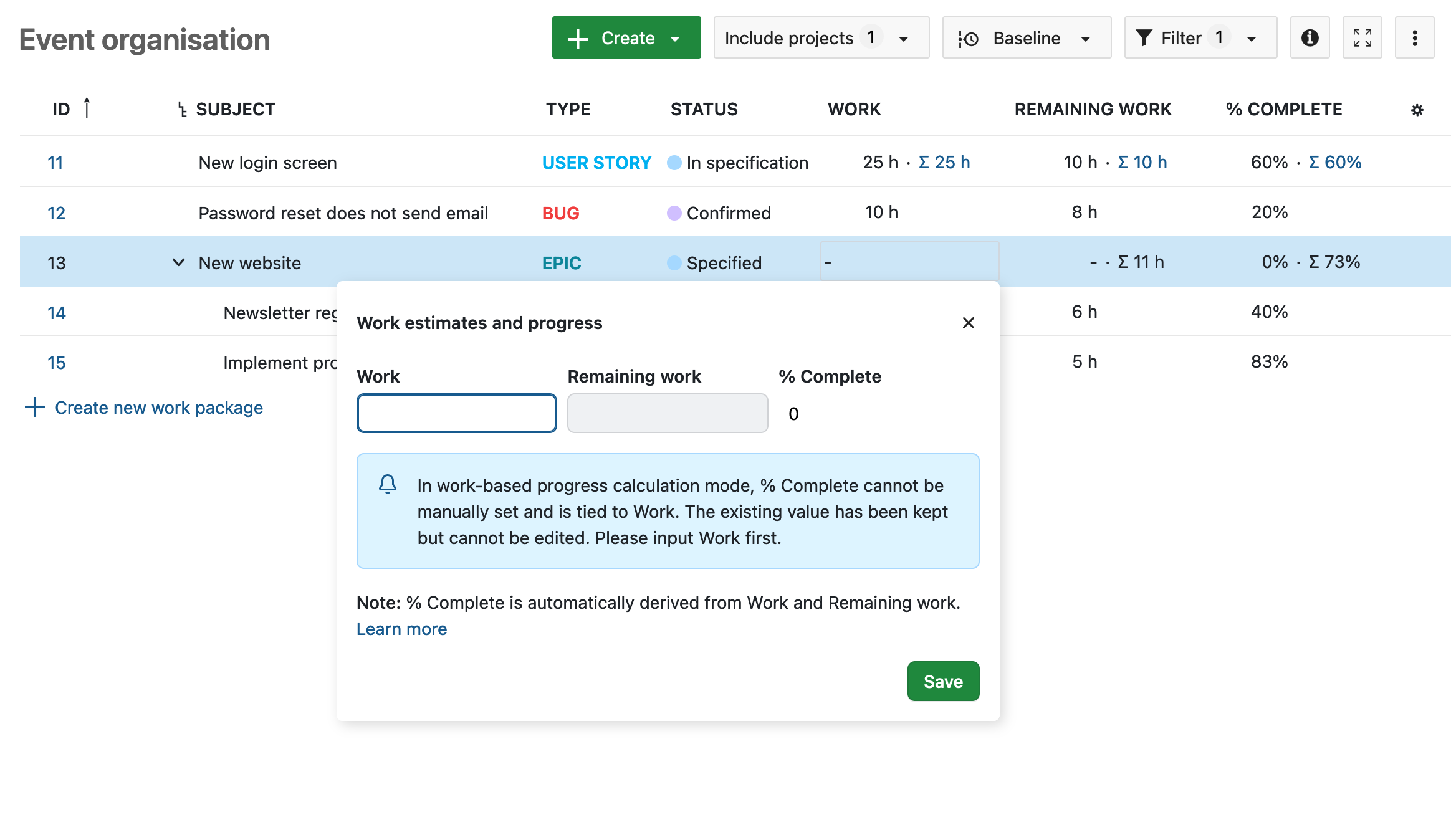 Work estimates and progress pop-over with only the previous % Complete value