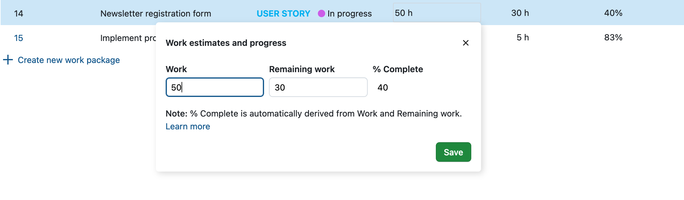 Work estimates and progress pop-over with work-based progress reporting