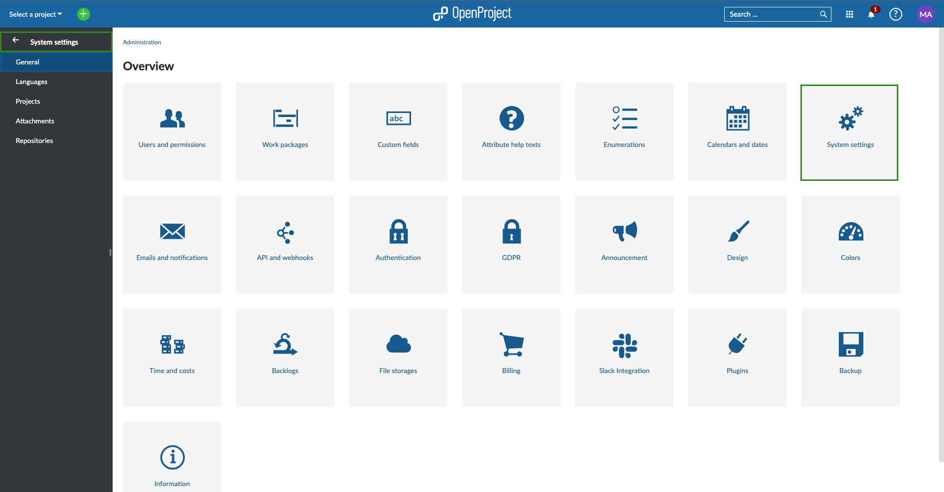 Administration system settings