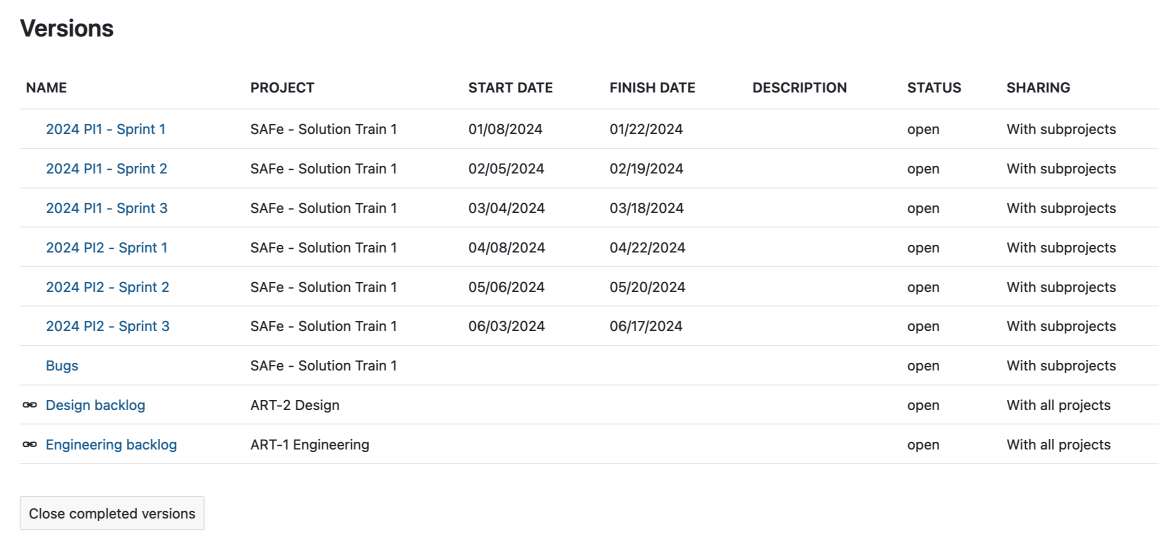 Create versions to represent PIs, iterations and sprints